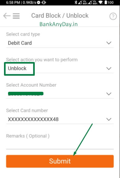 select unblock debit card and account number in imobile app