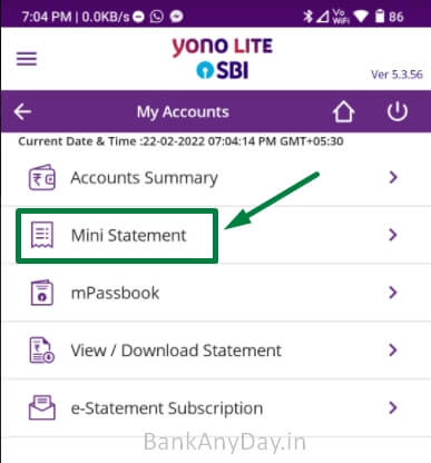 tap on mini statement option in yono lite app