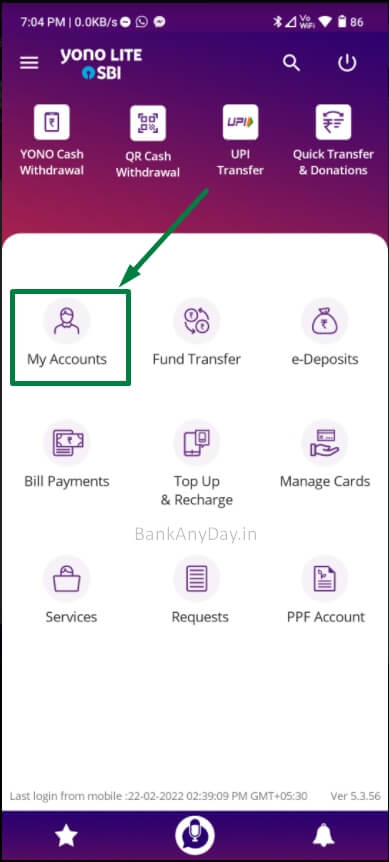 tap on my accounts option in yono lite app