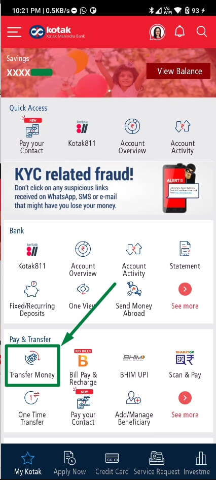 tap on transfer money option in kotak app1