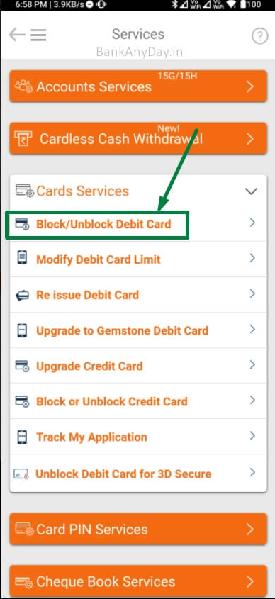 tap on unblock debit card in imobile app