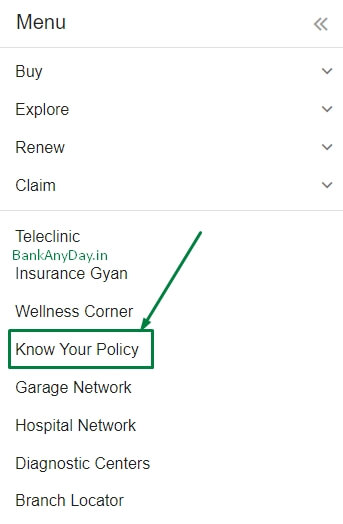click on know your policy option