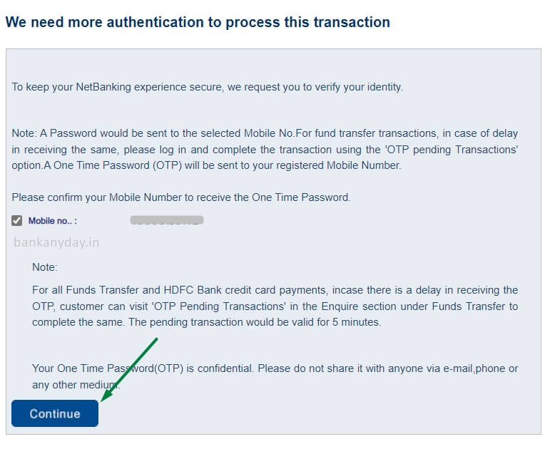 confirm mobile number for otp verification for new credit card pin