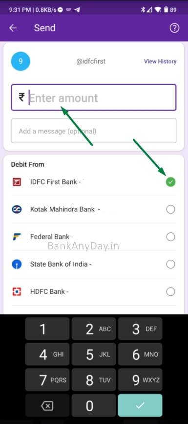 enter amount and account number to send money from phonepe