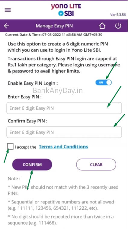 enter new easy pin in yono lite app