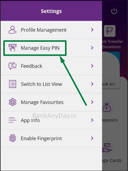 select manage easy pin option in yono lite app