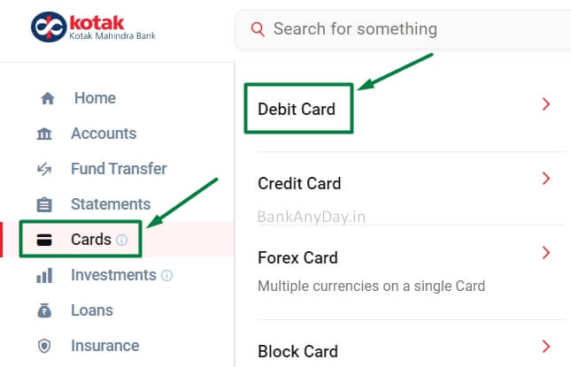 click on debit card option in kotak netbanking