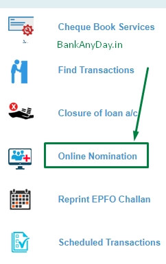 click on online nomination option in sbi netbanking