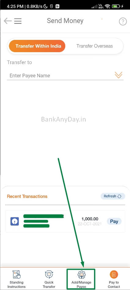 click on add payee option in imobile app