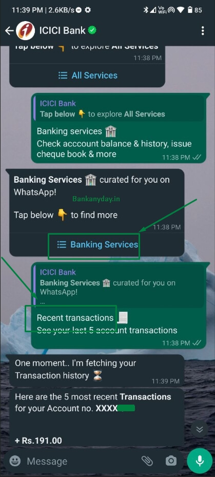click on banking services option in icici whatsapp banking