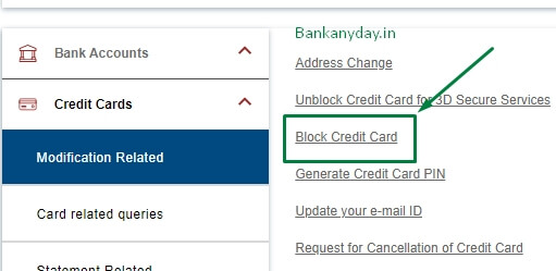 click on block credit card in icici netbanking