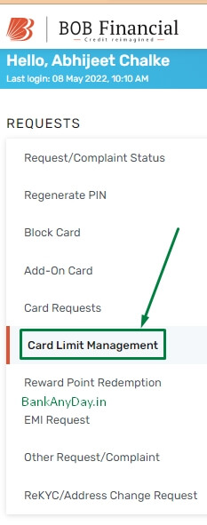 click on card limit management option in bobfinancial