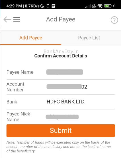 confirm beneficiary details in imobile app