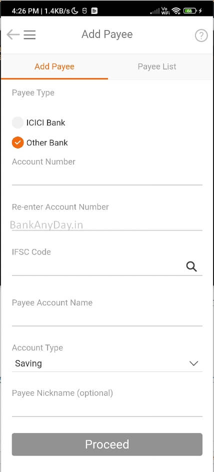 enter payee detail in imobile app