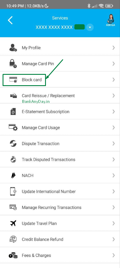 tap on block card option in sbi card app