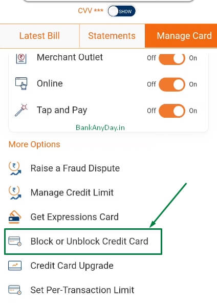 tap on block credit card option in imobile app