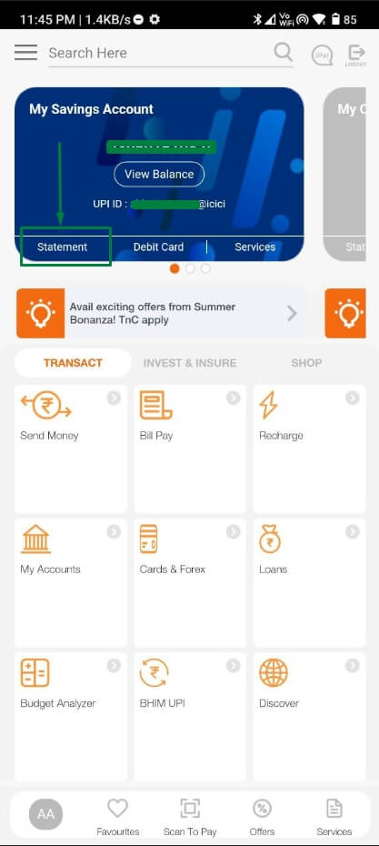 tap on statement option in icici imobile app