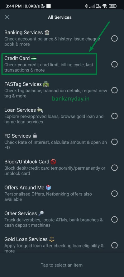 select credit card services option in icici whatsapp banking