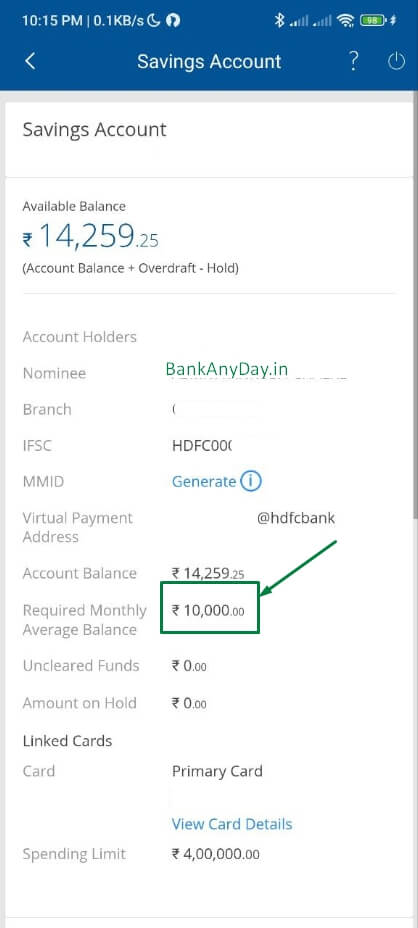 check required average monthly balance in hdfc bank app