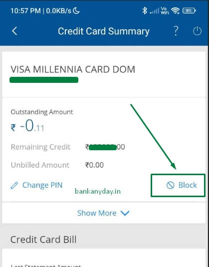 hdfc app me credit card block option pe click kare