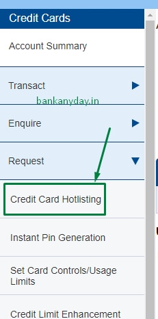 hdfc net banking me credit card hotlisting option pe click kare