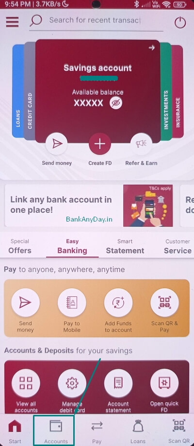 tap on accounts option in idfc app
