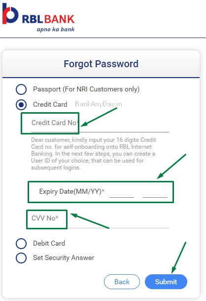 enter credit card details to change rbl net banking password