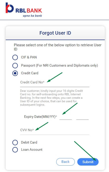enter credit card details to change usrid in rbl