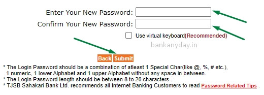 enter new password for tjsb netbanking