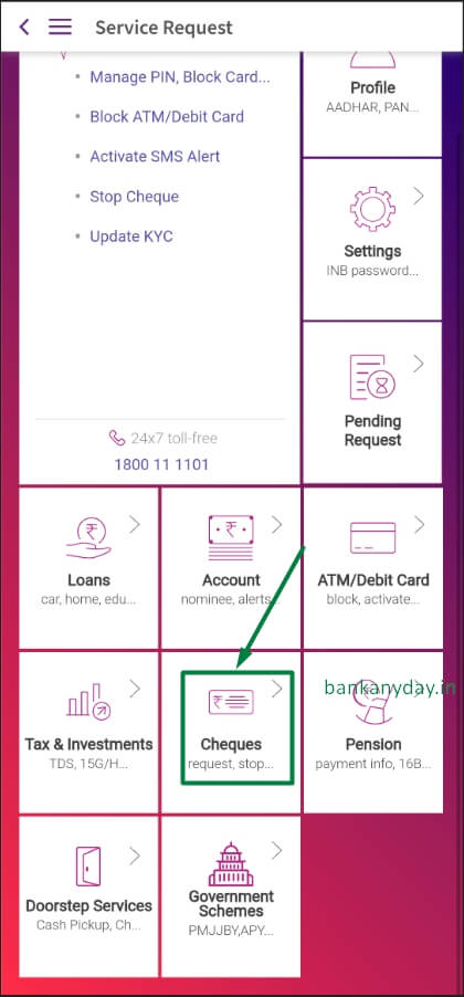 click on cheques option in yono app