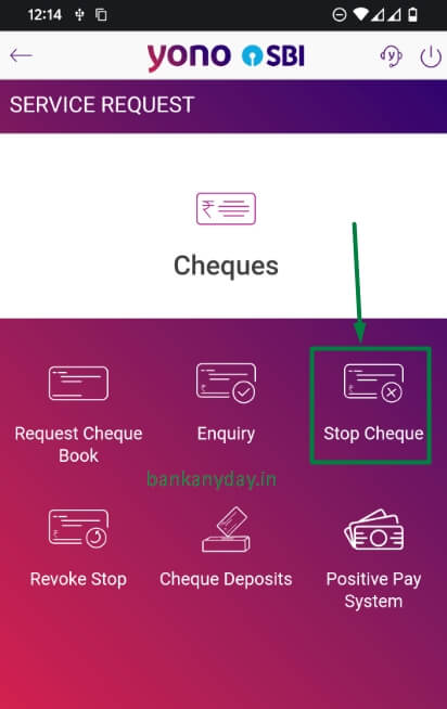 click on stop cheque option in yono app