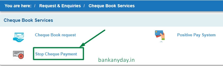 click on stop cheque payment in sbionline