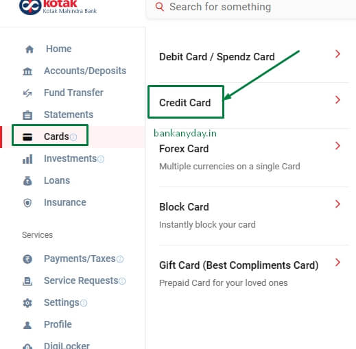 kotak net banking me credit card option pe click kare
