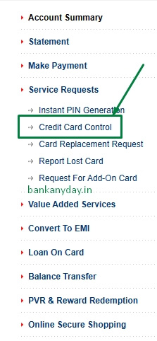 credit card control option pe click kare