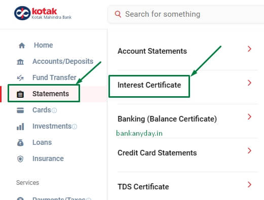kotak net banking se interest certificate option pe click kare