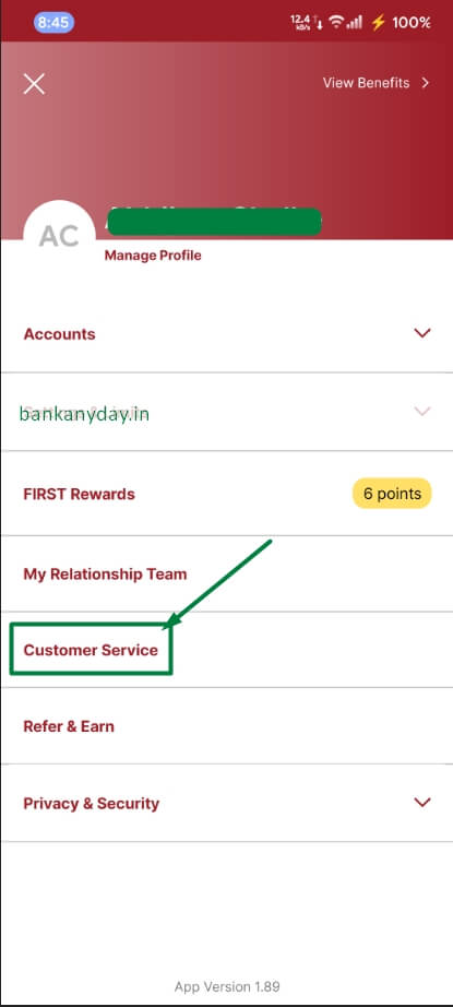 idfc app me customer service option pe click kare