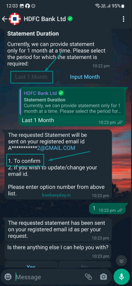 hdfc whatsapp banking me duration select kare