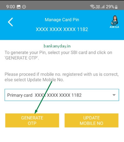 sbi card app me generate otp button click kare