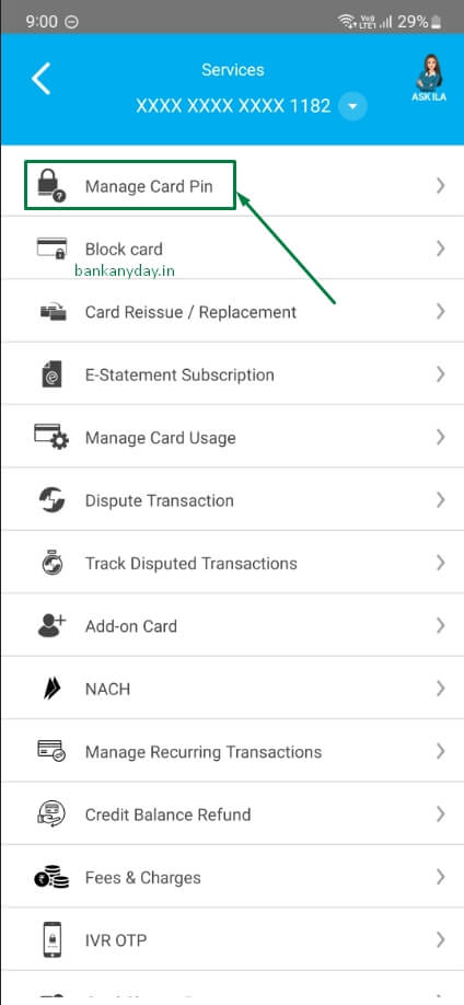 sbi card app me manage card pin option select kare